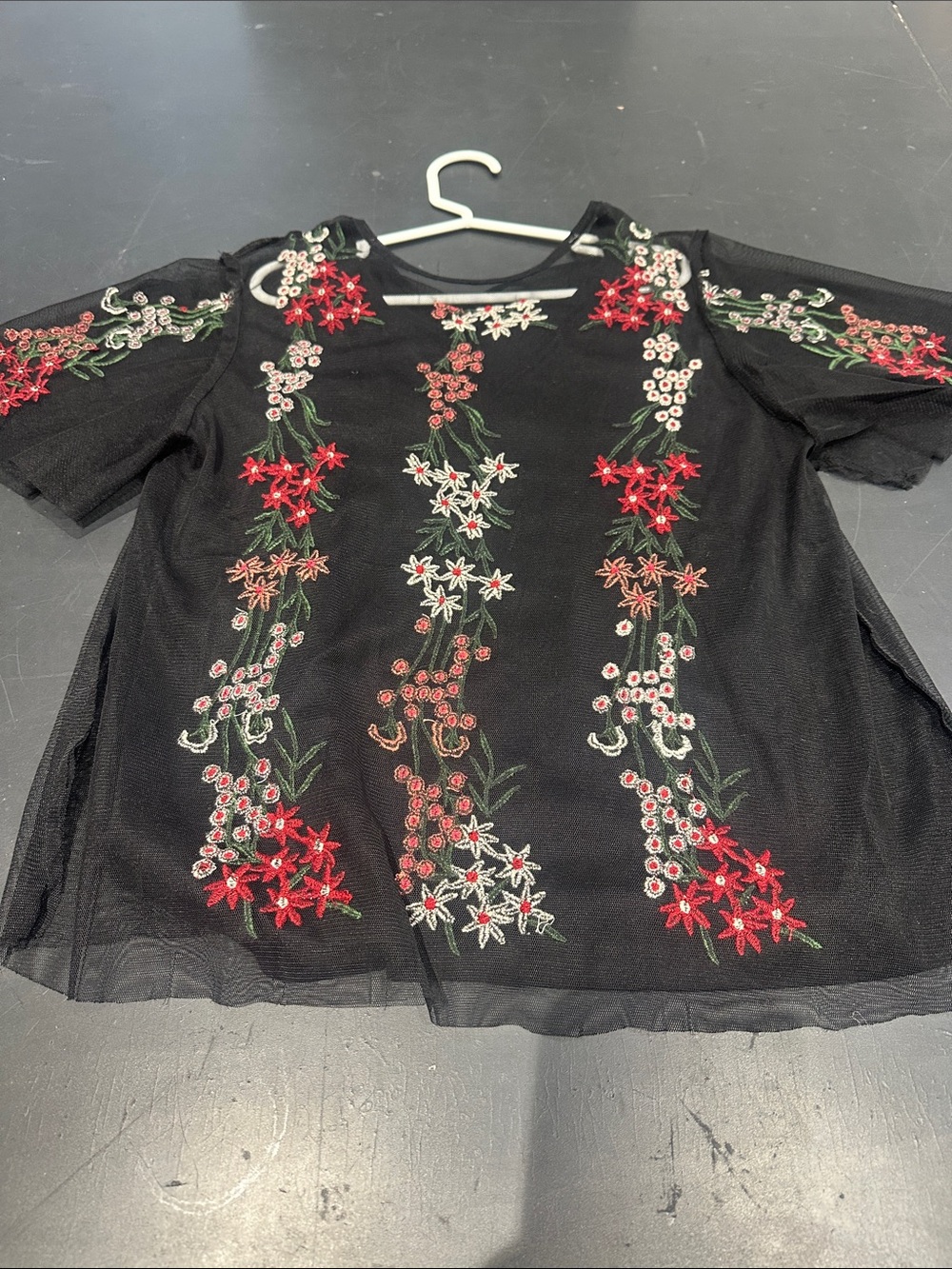 Zara Black Mesh Top with Green & White Floral Embroidery